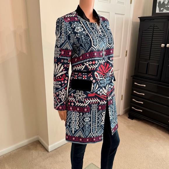 Bohemian Velvet Trim Long Blazer Tribal Print Native Indie Colorful Floryday Med - Picture 2 of 9